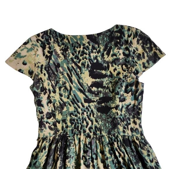 Kensie Green Black Animal Print Cap Sleeve Fit & Flare Mini Dress Sz S - Picture 4 of 12
